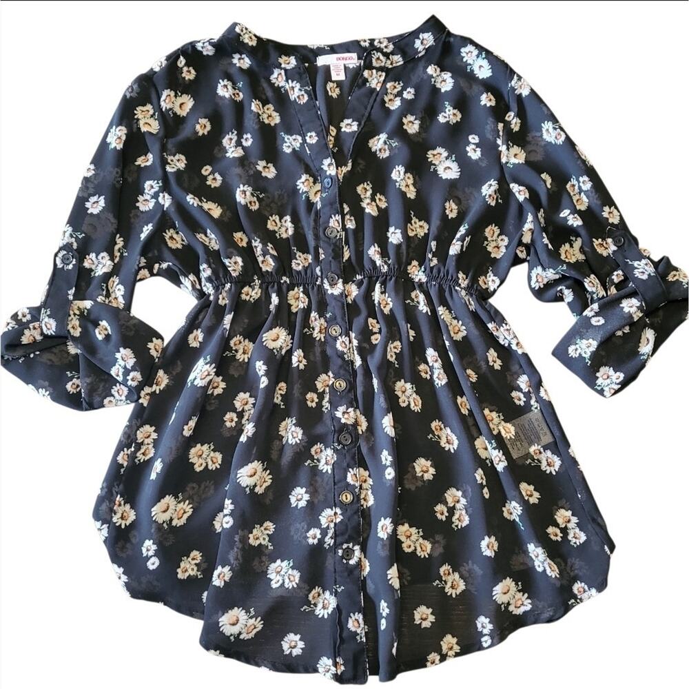 Vintage Y2K BONGO Semi Sheer Flowy Whimsical Daisy Print Rolled Cuff Blouse Sz M